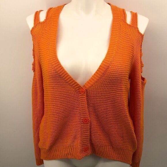 Orange 3 button cardigan with arm shoulder cutouts - Picture 1 of 5